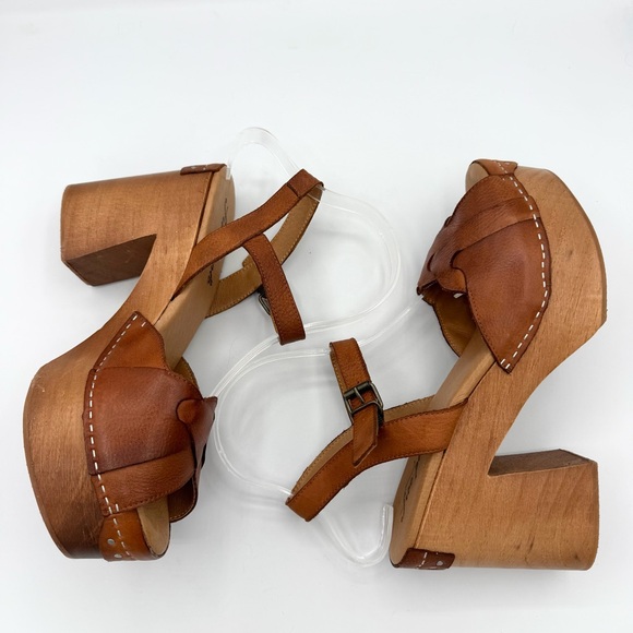 Orion Woven Clogs Teak Tan Platform Sandals wood base leather upper - Picture 6 of 9